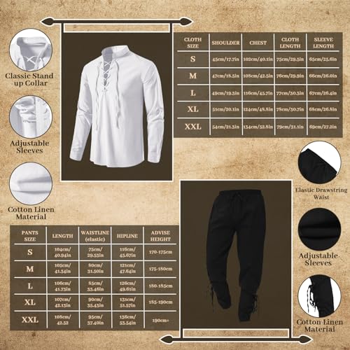 WELLCHY Conjunto de Ropa Medieval para Hombre, Conjunto de Traje Renacentista para Hombre con Camisa Pirata Medieval para Hombre, Pantalones Medieval, Cinturón, Muñequeras Accesorios (L, Blanco)