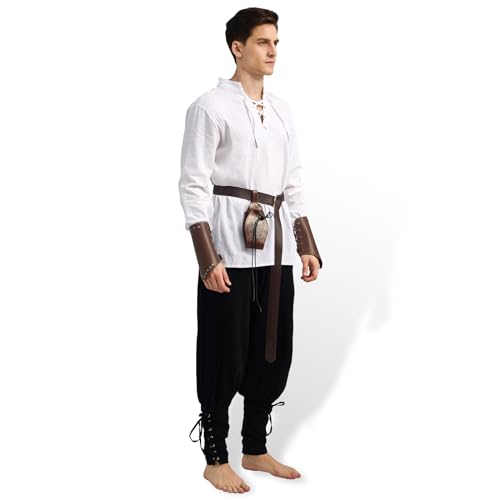 WELLCHY Conjunto de Ropa Medieval para Hombre, Conjunto de Traje Renacentista para Hombre con Camisa Pirata Medieval para Hombre, Pantalones Medieval, Cinturón, Muñequeras Accesorios (L, Blanco)