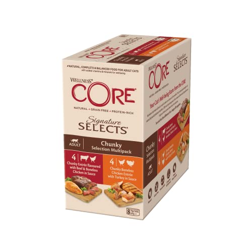 Wellness CORE Signature Selects, Comida húmeda para Gatos, Comida para Gatos húmeda en Salsa, Alimento para Gatos sin Granos, Alto Contenido de Carne, Mezcla de selección Gruesa, 8 x 79 g