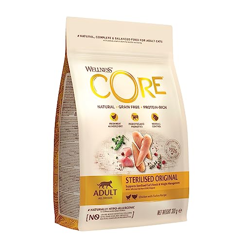 Wellness CORE Sterilised Original, Alimento seco para Gatos, Comida Seca para Gatos esterilizados, sin Granos, Alto Contenido de Carne, Pavo y Pollo, 300 g