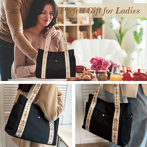 Welltop Bolsas tote bag para mujeres bolsas de nylon para mujeres con bolsas negras impermeables con cremallera bolsos de hombro de gran capacidad para el trabajo escolar viajes de compras