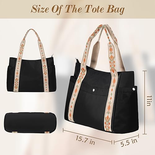 Welltop Bolsas tote bag para mujeres bolsas de nylon para mujeres con bolsas negras impermeables con cremallera bolsos de hombro de gran capacidad para el trabajo escolar viajes de compras