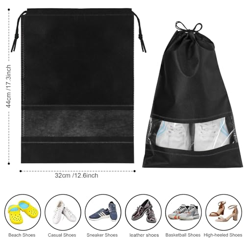 Welsberg 10 Piezas Bolsas de Viaje para Zapatos, Bolsa Organizador Impermeable de Almacenamiento Grandes con Cordón y Ranura Transparente para Zapatos de Hombres y Mujeres, Negro