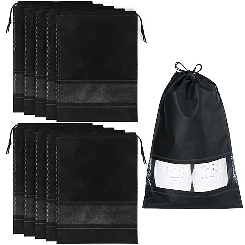 Welsberg 10 Piezas Bolsas de Viaje para Zapatos, Bolsa Organizador Impermeable de Almacenamiento Grandes con Cordón y Ranura Transparente para Zapatos de Hombres y Mujeres, Negro