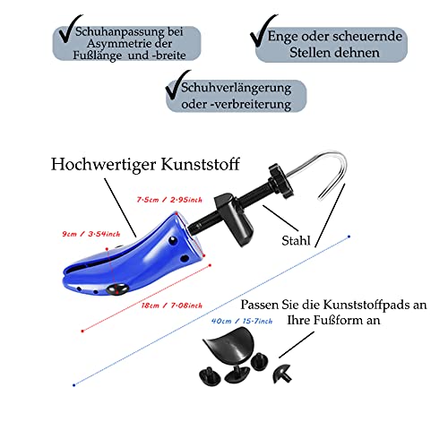 welsberg 2 ensanchadores de zapatos (1 par) para hombres, unisex expansor de zapatos de 4 vías, camilla de zapatos, pies anchos, horquilla de plástico para zapatos, talla EU 40-47, azul