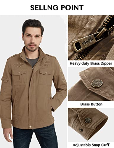 WenVen Chaqueta Militar Otoño Chaqueta de Algodón Clásica al Aire Libre Cazadora Aviador Ligera Entretiempo Chaqueta Cuello Alto Sahariana Invierno Hombres Caqui X-Large