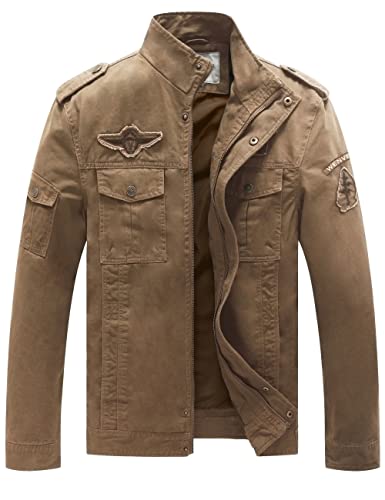 WenVen Chaqueta Militar Otoño Chaqueta de Algodón Clásica al Aire Libre Cazadora Aviador Ligera Entretiempo Chaqueta Cuello Alto Sahariana Invierno Hombres Caqui X-Large