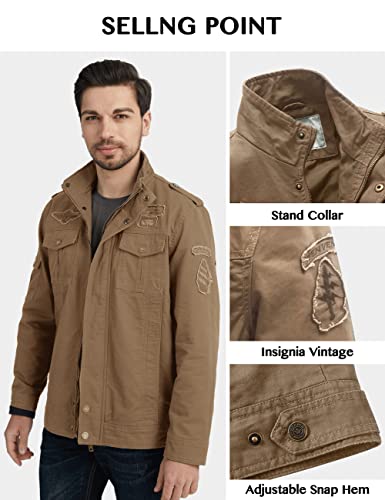 WenVen Chaqueta Militar Otoño Chaqueta de Algodón Clásica al Aire Libre Cazadora Aviador Ligera Entretiempo Chaqueta Cuello Alto Sahariana Invierno Hombres Caqui X-Large