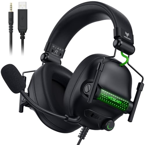 WESEARY Cascos Gaming, Cascos con Cable para Cancelación de Ruido, Auriculares Gaming Estéreo con Micrófono para PS4/PS5/PC/Xbox One/Switch, Cascos con Cable y Conector de 3.5mm, Luz RGB Genial