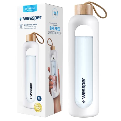 Wessper Botella de Cristal, Botella Agua Motivacional, Con Marcas de Tiempo, Vidrio de borosilicato Con Tapa de Bambú, Sin Fugas, para Deporte, Camping, para Niños y Adultos 1L – Blanco