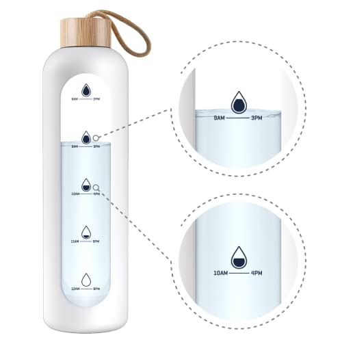 Wessper Botella de Cristal, Botella Agua Motivacional, Con Marcas de Tiempo, Vidrio de borosilicato Con Tapa de Bambú, Sin Fugas, para Deporte, Camping, para Niños y Adultos 1L – Blanco