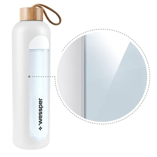 Wessper Botella de Cristal, Botella Agua Motivacional, Con Marcas de Tiempo, Vidrio de borosilicato Con Tapa de Bambú, Sin Fugas, para Deporte, Camping, para Niños y Adultos 1L – Blanco