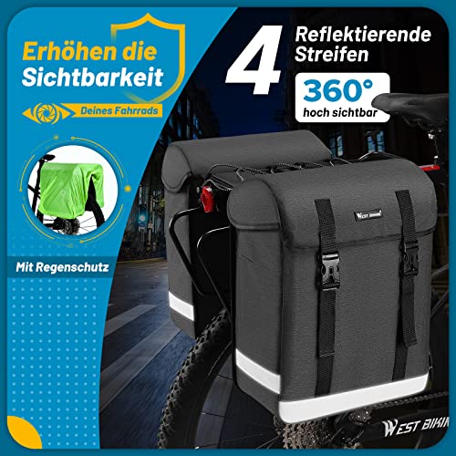 West Biking Alforjas de bicicleta para portaequipajes, 33 L, gran bolsa para bicicleta, reflectante, doble bolsa para portaequipajes, alforjas traseras, con protección contra la lluvia (gris)