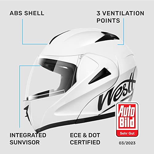 Westt Casco Moto Hombre y Mujer, Casco Integral, Casco abatible, Casco Moto Jet, Chopper, ciclomotor, Scooter, Casco Modular de Moto, Certificado ECE Dot, Blanco, L (59-60 cm)