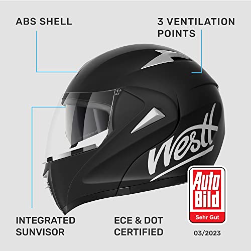 Westt Casco moto hombre y mujer, casco integral, casco abatible, Casco moto tipo jet, chopper, ciclomotor, scooter, casco modular de moto, certificado ECE DOT, negro, M (57-58 cm)