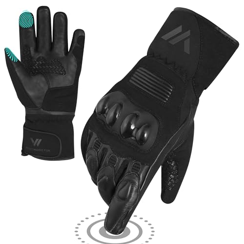 WESTWOOD FOX Guantes de moto para hombres y mujeres. Guantes de invierno impermeables térmicos de cuero para pantalla táctil BMX ATV MTB Racing y actividades al aire libre (negro, L)