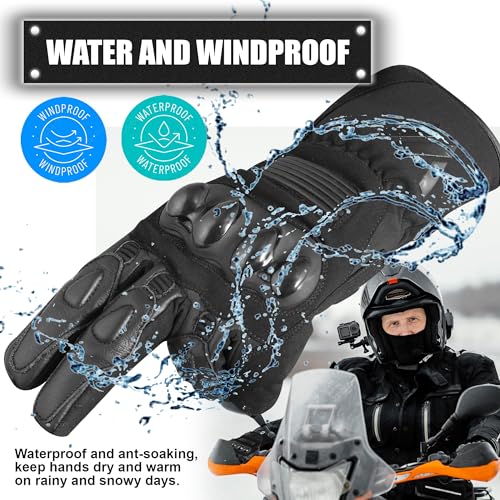 WESTWOOD FOX Guantes de moto para hombres y mujeres. Guantes de invierno impermeables térmicos de cuero para pantalla táctil BMX ATV MTB Racing y actividades al aire libre (negro, L)