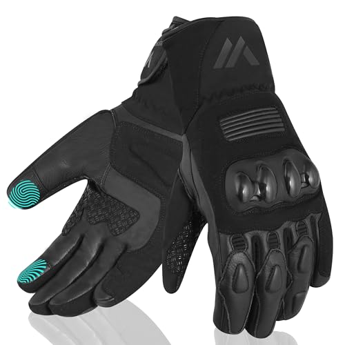 WESTWOOD FOX Guantes de moto para hombres y mujeres. Guantes de invierno impermeables térmicos de cuero para pantalla táctil BMX ATV MTB Racing y actividades al aire libre (negro, L)