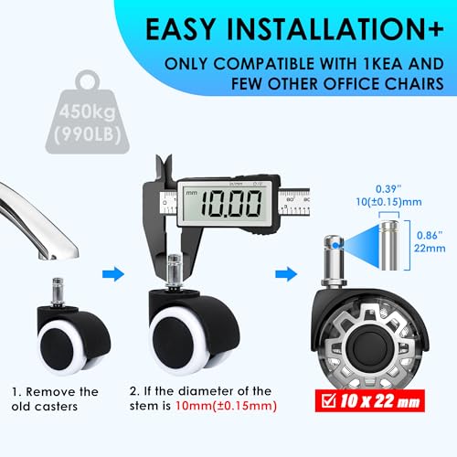 WEWILL Ruedas para silla de oficina, 10 x 22 mm, ruedas de suelo duro suave y silencioso, silla de escritorio, parqué, alfombra, laminado y azulejos, juego de 5 ruedas de goma que no raya el suelo