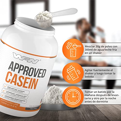 WFN Approved Casein - Neutro - 1 kg - Proteína de caseína con lactasa - Proteína cremosa en polvo - Muy soluble - 33 porciones - Fabricado en Alemania - Probado en laboratorio externo