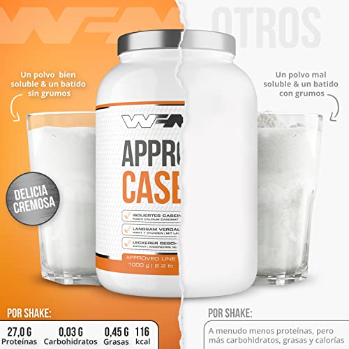 WFN Approved Casein - Neutro - 1 kg - Proteína de caseína con lactasa - Proteína cremosa en polvo - Muy soluble - 33 porciones - Fabricado en Alemania - Probado en laboratorio externo