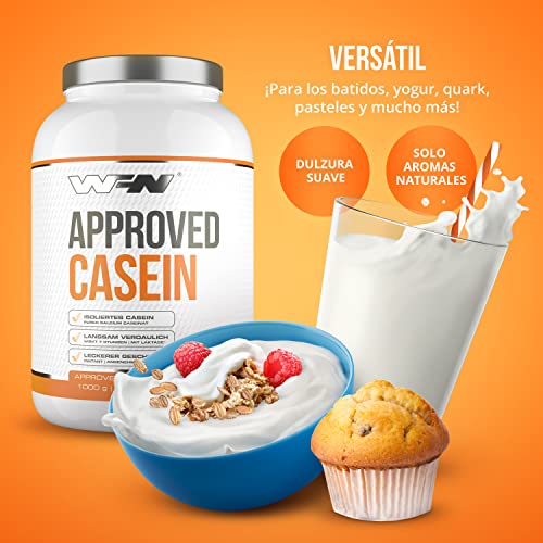 WFN Approved Casein - Neutro - 1 kg - Proteína de caseína con lactasa - Proteína cremosa en polvo - Muy soluble - 33 porciones - Fabricado en Alemania - Probado en laboratorio externo