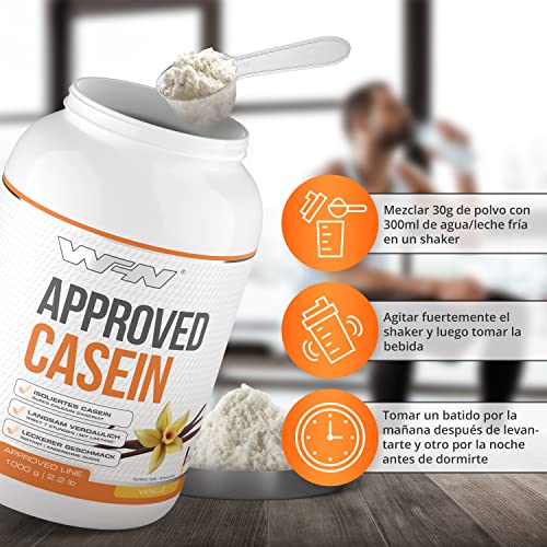 WFN Approved Casein - Vainilla - 1 kg - Proteína de caseína con lactasa - Proteína cremosa en polvo - Muy soluble - 33 porciones - Fabricado en Alemania - Probado en laboratorio externo