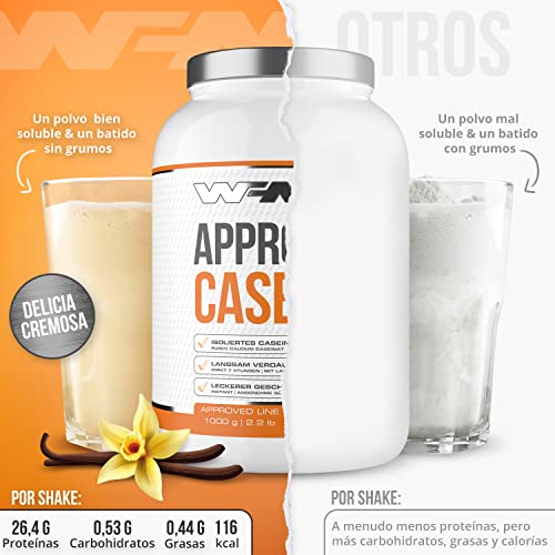 WFN Approved Casein - Vainilla - 1 kg - Proteína de caseína con lactasa - Proteína cremosa en polvo - Muy soluble - 33 porciones - Fabricado en Alemania - Probado en laboratorio externo