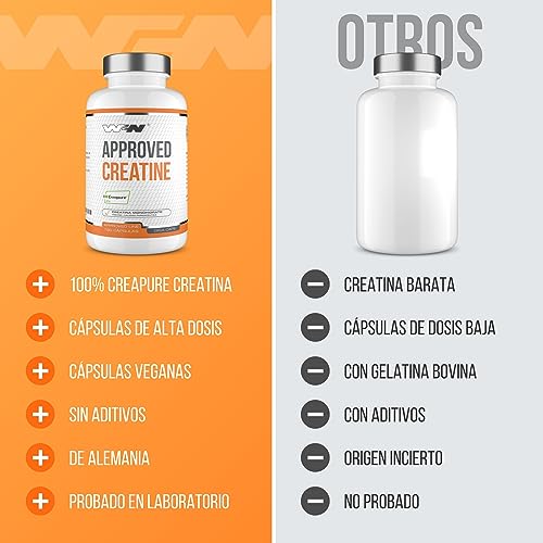 WFN Approved Creatine Caps - Creapure - 180 Cápsulas - Creatina Cápsulas alta dosis - Creatina monohidrato pura - Vegano - 60 Porciones - Fabricado en Alemania - Probado en laboratorio externo