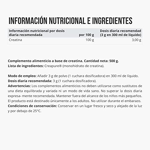 WFN Approved Creatine - Creapure - Neutro - 500 g - Creatina monohidratada - Polvo - Vegano - 166 Porciones - Fabricado en Alemania - Probado en laboratorio externo