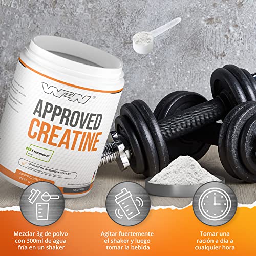 WFN Approved Creatine - Creapure - Neutro - 500 g - Creatina monohidratada - Polvo - Vegano - 166 Porciones - Fabricado en Alemania - Probado en laboratorio externo