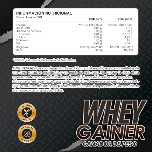 Whey Gainer | Alto contenido en Hidratos de Carbono | Con Proteína Whey, Magnesio, Harina de Avena y Maca | Sabor chocolate | 1,5kg