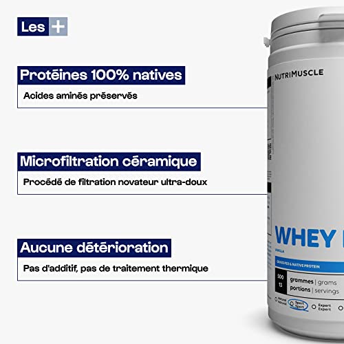 Whey Nativo 100% Puro | Proteína de Suero en Polvo • Baja en Lactosa • 80% de Proteínas • Creación muscular • Musculación/Fitness | Nutrimuscle | Aroma Natural Vainilla - 500 g