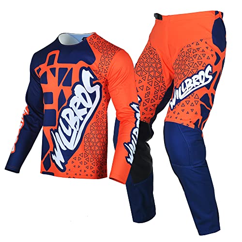 Willbros Pantalones de Jersey Camiseta de Motocross Traje Hombres Mujeres Adulto Offroad Enduro Juego de Motos de Cross Ropa de Carreras Naranja Azul (Jersey M Pants 32)