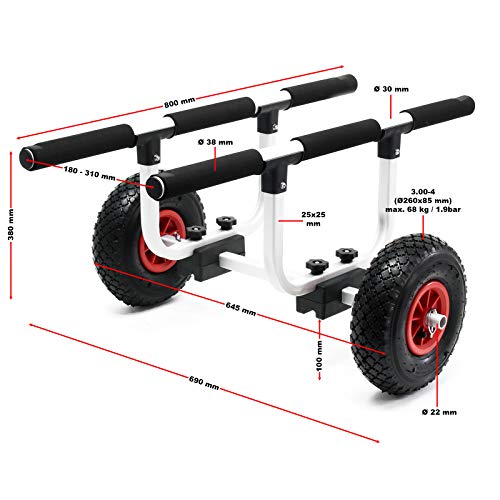 WilTec Carrito para Transporte de Kayak y Canoa, Aluminio 90kg Ruedas neumáticas Ø26cm & Ancho Ajustable