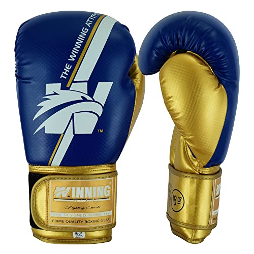 Winning Streak Pro Guantes de Boxeo Muay Thai Entrenamiento, Cuero PU Boxeo Guantes para Sparring Kickboxing Artes Marciales Saco Manoplas de Guantes de Boxeo Training Dorado (12oz, Oro/Azul)