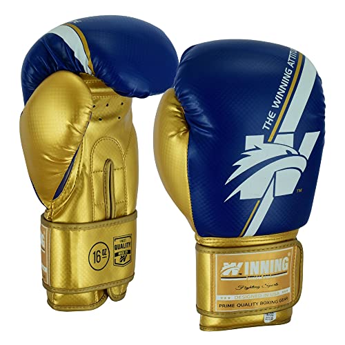 Winning Streak Pro Guantes de Boxeo Muay Thai Entrenamiento, Cuero PU Boxeo Guantes para Sparring Kickboxing Artes Marciales Saco Manoplas de Guantes de Boxeo Training Dorado (12oz, Oro/Azul)