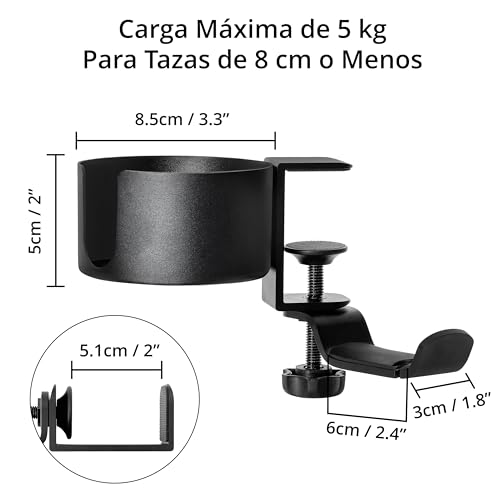 Winter Shore Posa Vasos 2 en 1 con Colgador para Auriculares - Soporte Organizador de Escritorio - Aleación de Aluminio de Alta Carga - Pinza Portavasos Antiderrames con Gancho Giratorio 360º