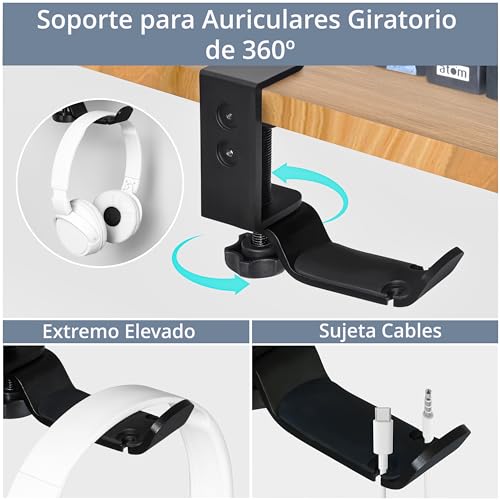 Winter Shore Posa Vasos 2 en 1 con Colgador para Auriculares - Soporte Organizador de Escritorio - Aleación de Aluminio de Alta Carga - Pinza Portavasos Antiderrames con Gancho Giratorio 360º