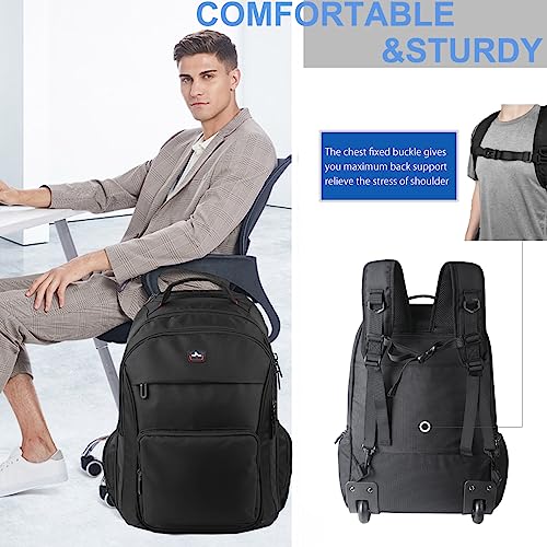 WIRABO Mochila con ruedas, 15,6 pulgadas, maleta de mano, portátil, bolsa de viaje con ruedas, mochila grande para hombre, trabajo, universidad, Negro