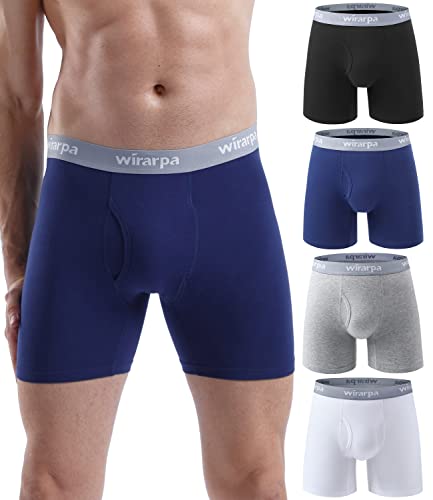 wirarpa Calzoncillos Hombre Boxer Algodon Ropa Interior Cómoda para Hombres Sin Etiquetas con Abertura Pack de 4 Multicolor-Negro Gris Blanco Azul Oscuro Talla 2XL