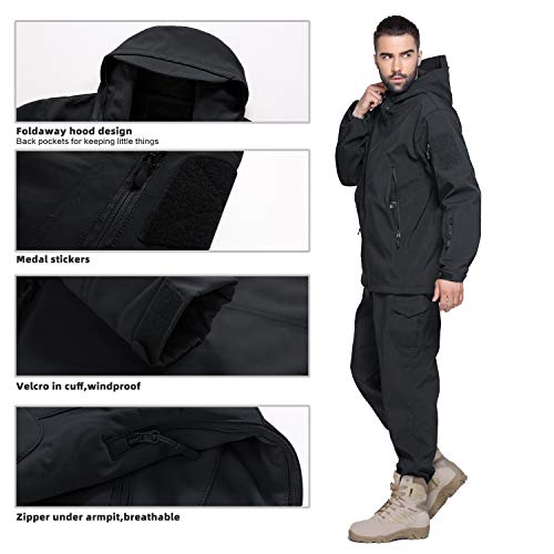 Wisdom Wolf Chaqueta impermeable con forro polar y capucha plegable y múltiples bolsillos, ligera y con cremallera completa para actividades al aire libre y esquí Para Hombre Grande Negro