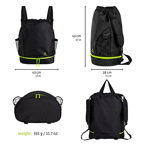 WISEPLAYERFC Mochila de Cuerdas para Deporte con Toalla Incluida-Bolsa de Gimnasio para Mujer y Hombre Resistente al Agua (Negro con Verde Fluorescente)