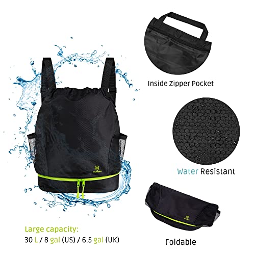 WISEPLAYERFC Mochila de Cuerdas para Deporte con Toalla Incluida-Bolsa de Gimnasio para Mujer y Hombre Resistente al Agua (Negro con Verde Fluorescente)