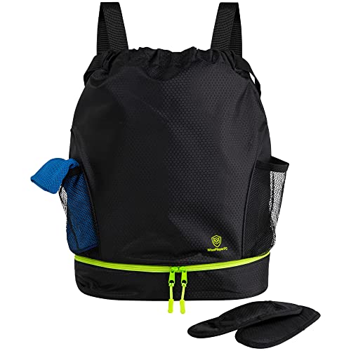 WISEPLAYERFC Mochila de Cuerdas para Deporte con Toalla Incluida-Bolsa de Gimnasio para Mujer y Hombre Resistente al Agua (Negro con Verde Fluorescente)