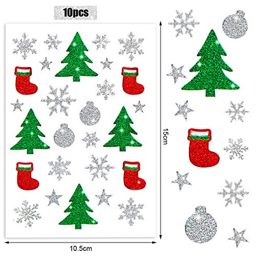 Wishstar Pegatinas de Navidad, 10 Hojas Pegatinas con Purpurina para Decoración Scrapbooking Envoltura, Arbol de Navidad, Botas de Navidad, Copo de Nieve, Bola de Nieve, Estrella