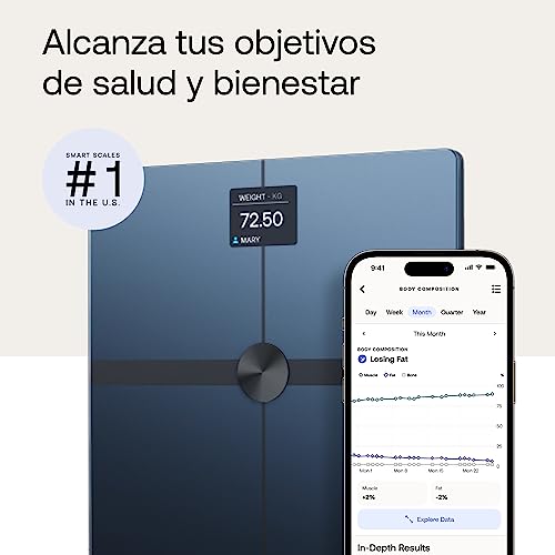 Withings Body Smart - Bascula de baño con Composición Corporal Avanzada (Peso, Grasa Corporal, Músculo, Masa Ósea, Agua, Índice de Grasa Visceral), balanza WiFi, Hasta 8 Usuarios