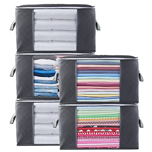 Withosent Cajas Almacenaje Ropa 5 Piezas, 90L Bolsa de Almacenamiento Ropa de Tela no Tejida, Organizador Armario con Mango, Contenedor para Debajo de la Cama para Edredones, Mantas, Almohada