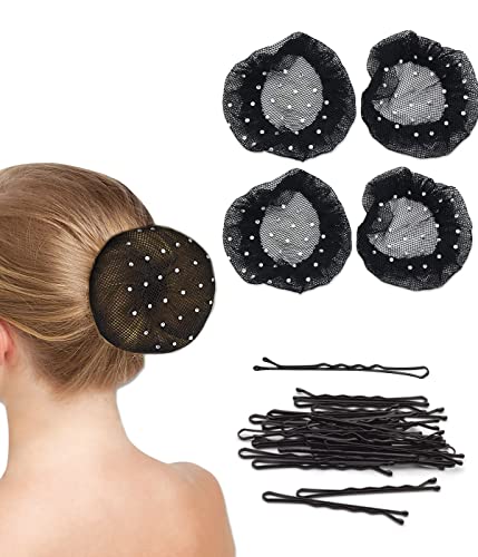 WJIAEER 4PCS Redes para el cabello Bollo de red para el cabello para mujeres con 24 pinzas para el cabello Red con nudo elástico Red con nudo bonito Red con nudo de ballet Danza