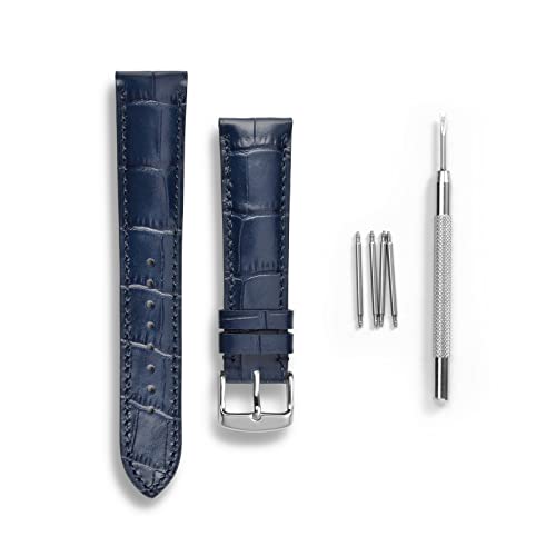 WOCCI 22mm Correa Reloj Piel para Hombre y Mujer, Grano de Cocodrilo en Relieve, Hebilla Plateada (Azul Marino)